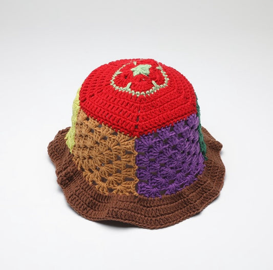 Crochet Flower Hat (Brown/Red)