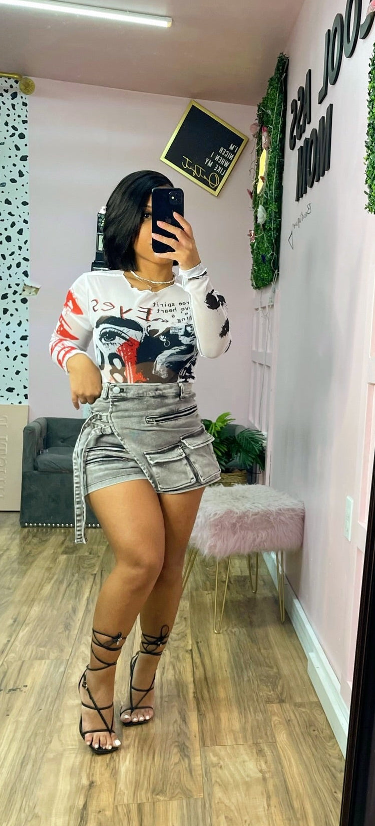 grey acid wash skort