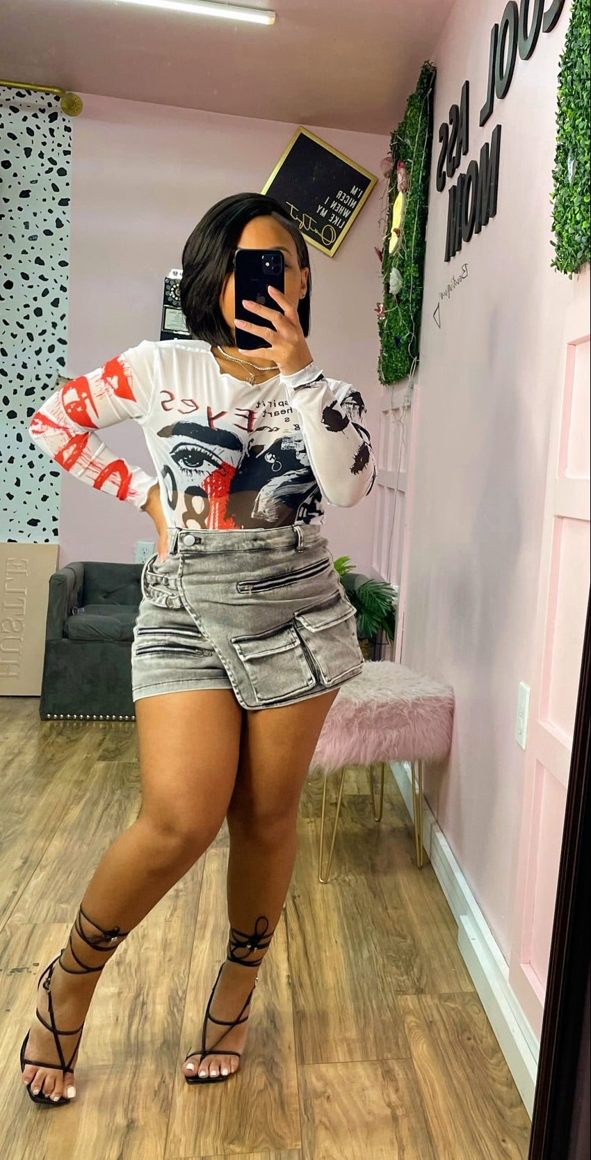 grey acid wash skort